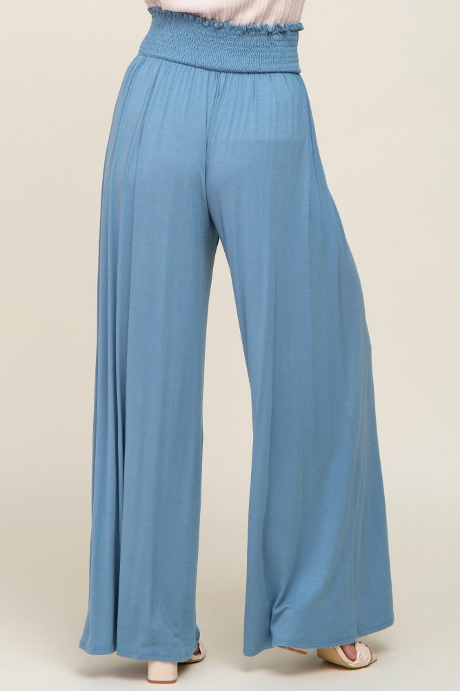 Blue Smocked Waist Flowy Pants
