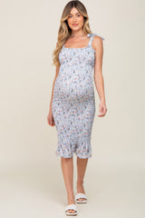 Light Blue Floral Smocked Fitted Maternity Dress