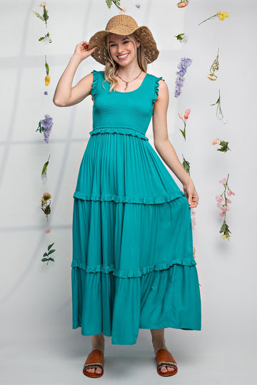 Turquoise Smocked Ruffle Tier Maxi Dress
