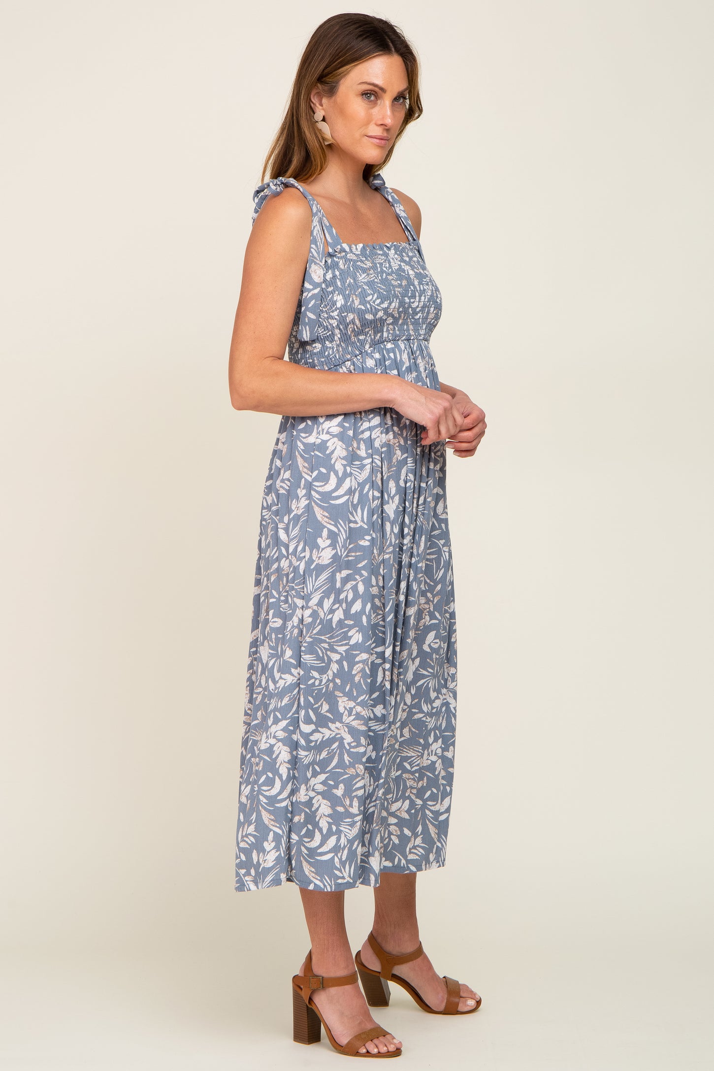 Light Blue Floral Smocked Shoulder Tie Midi Dress
