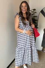 Navy Blue Checkered Linen Sweetheart Neck Ruffle Strap Maternity Midi Dress