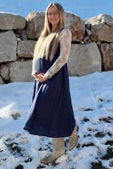 Navy Blue Linen Square Neck Lace-Up Back Maternity Midi Dress