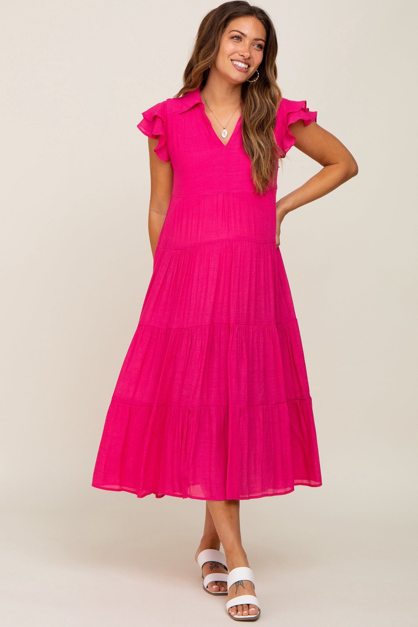 Fuchsia Flutter Sleeve Tiered Maternity Midi Dress