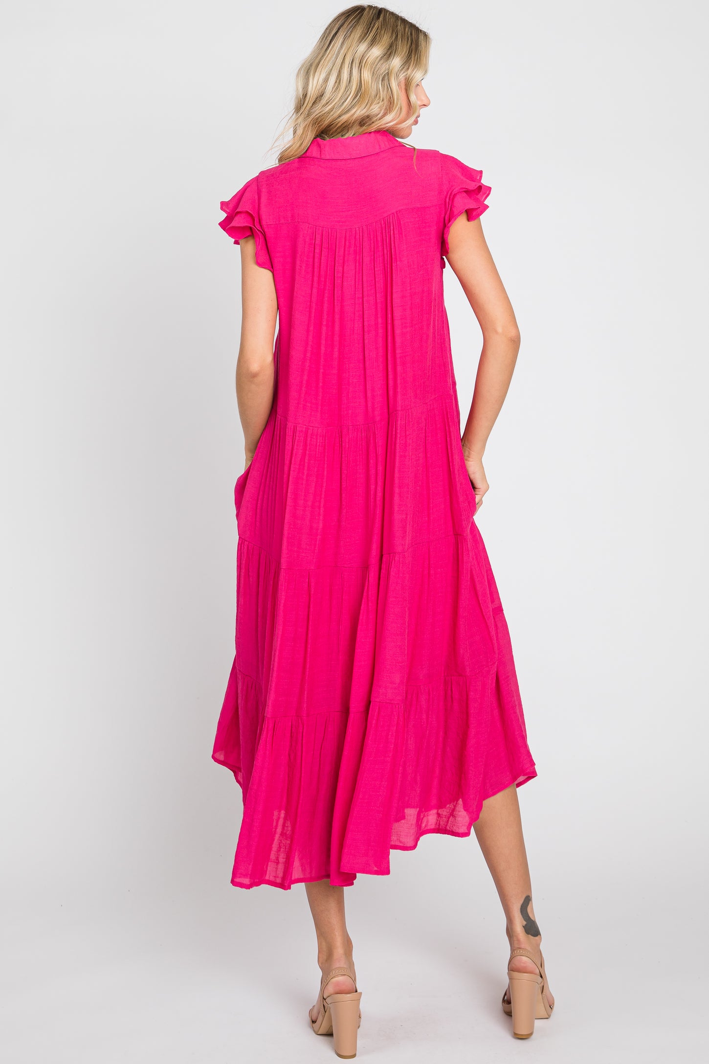 Fuchsia Flutter Sleeve Tiered Midi Dress
