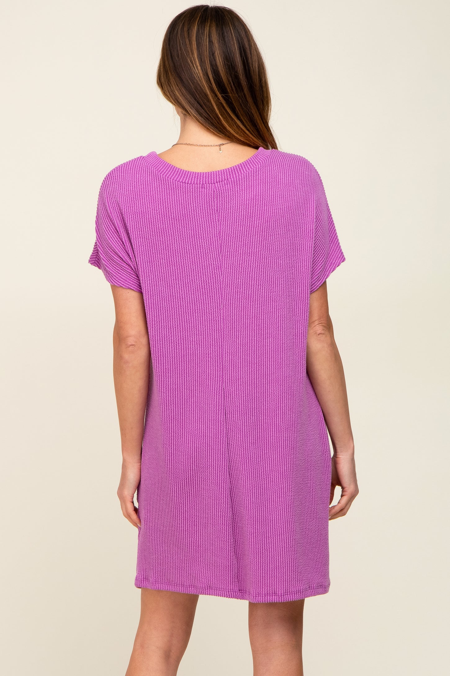 Violet Ribbed Front Pocket Dolman Short Sleeve Dress