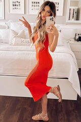 Orange Ribbed Sleeveless Midi Dress