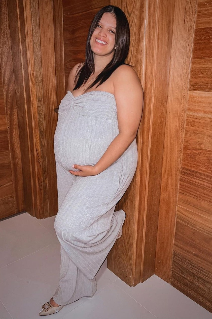 Grey Strapless Front Twist Maternity Jumpsuit