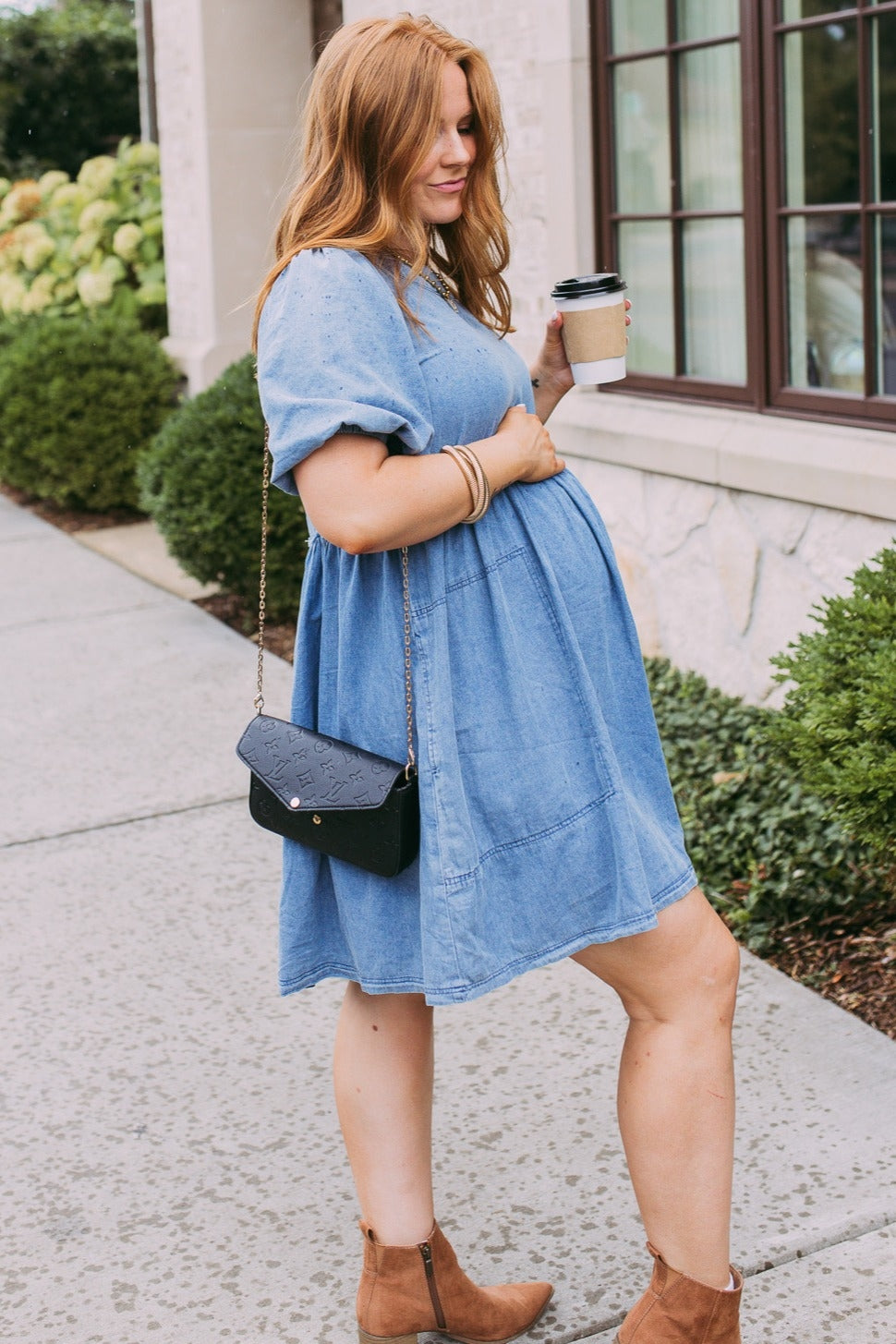 Blue Faded Denim Chambray Maternity Mini Dress