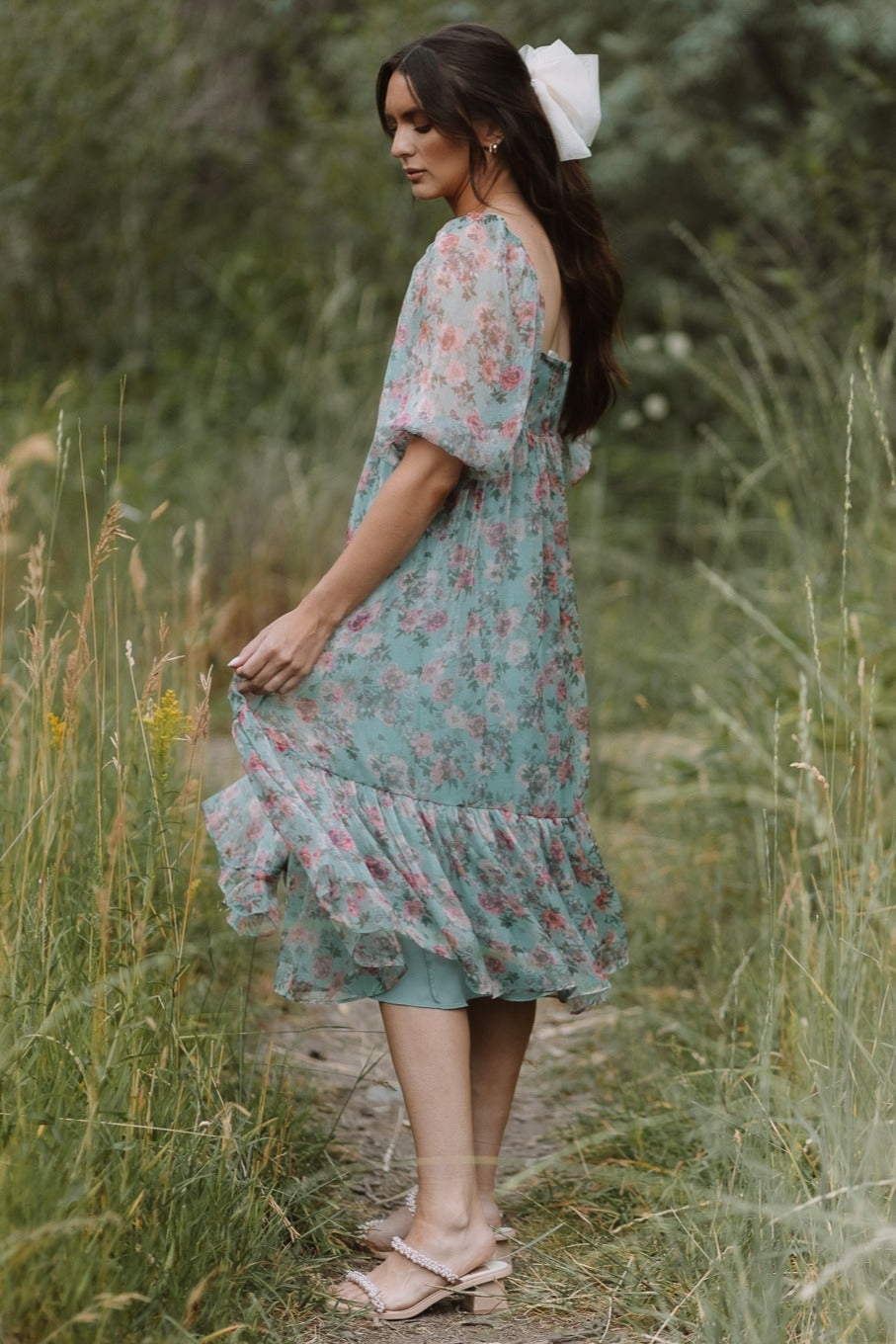 Mint Green Floral Shimmer Chiffon Square Neck Midi Dress