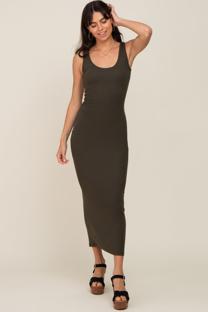 Olive Ribbed Basic Maternity Maxi Dress