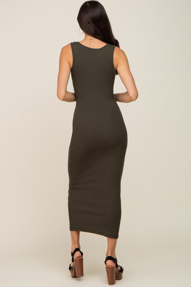 Olive Ribbed Basic Maxi Dress