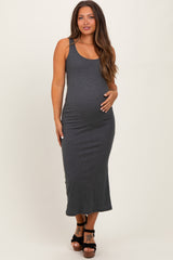 Charcoal Ribbed Basic Maternity Maxi Dress