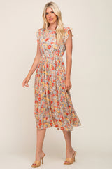 Mint Green Floral Chiffon Pleated Midi Dress