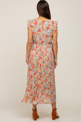 Mint Green Floral Chiffon Pleated Maternity Midi Dress