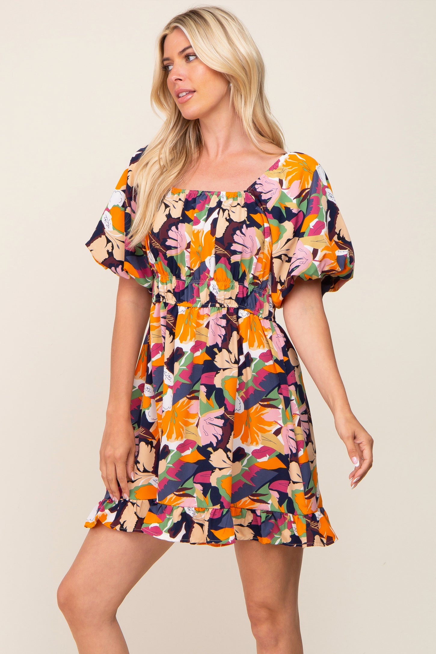 Multicolor Floral Pint Puff Sleeve Dress