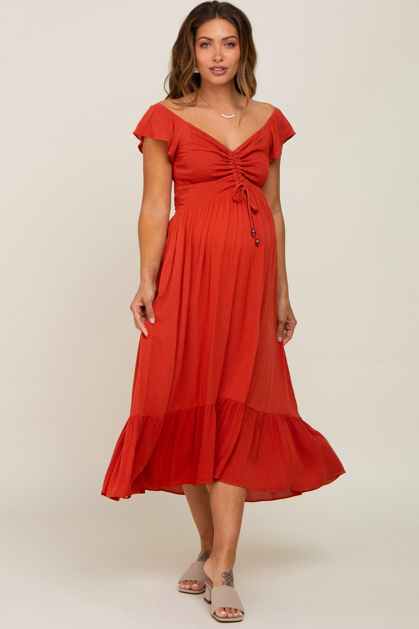 Rust Smocked Ruched Ruffle Hem Maternity Maxi Dress