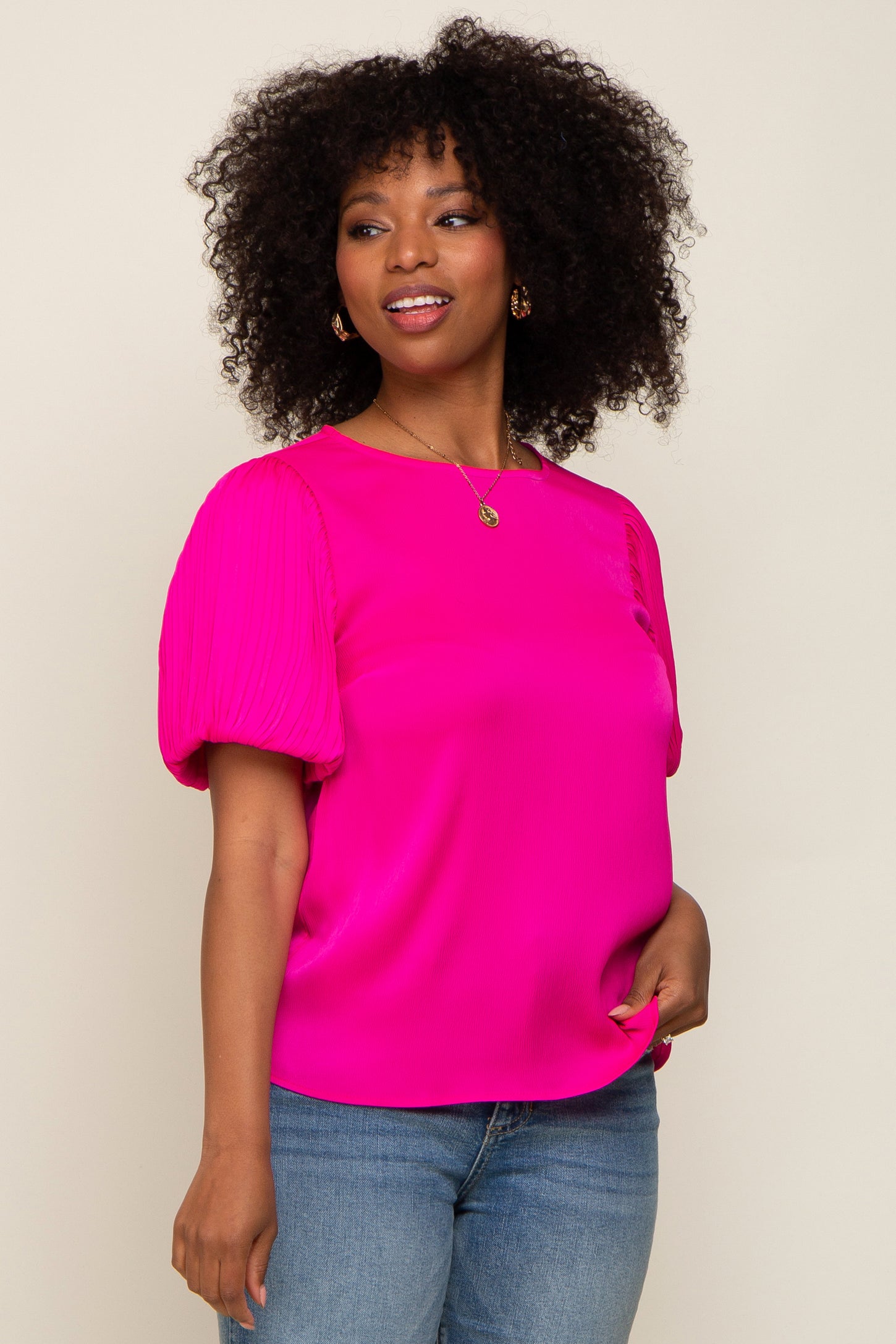 Fuchsia Satin Pleated Puff Short Sleeve Blouse