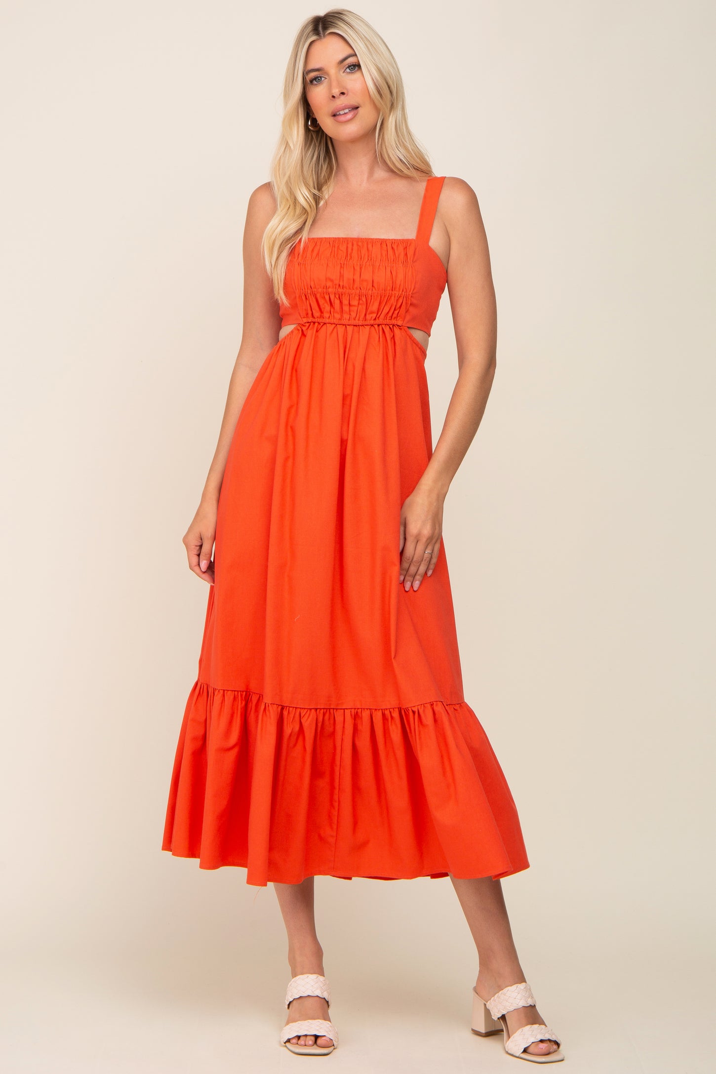 Orange Sleeveless Cutout Ruffle Hem Maternity Maxi Dress