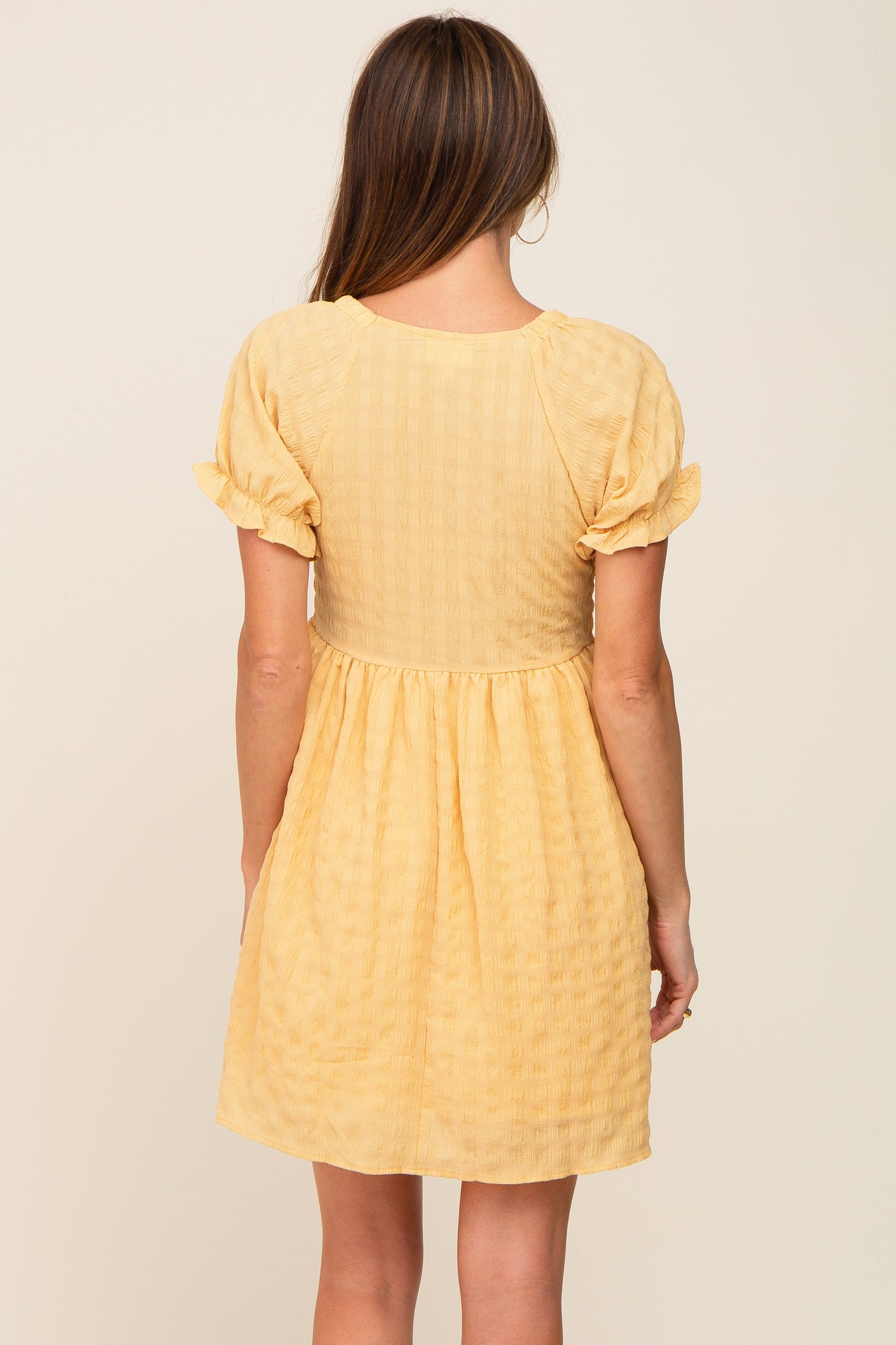 Yellow Smocked Textured V-Neck Dress