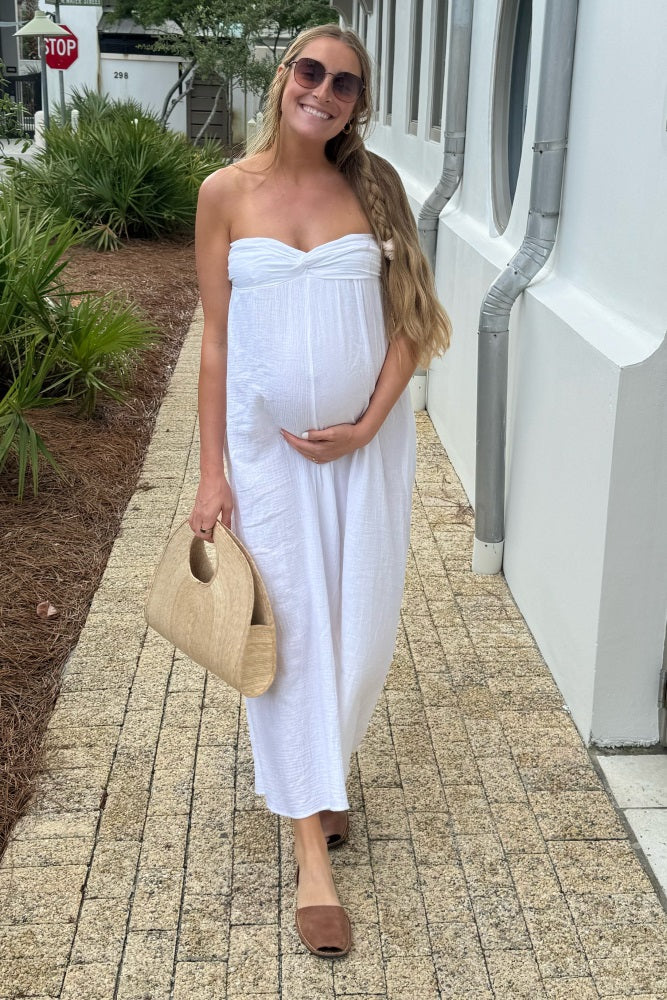 White Strapless Front Twist Maternity Jumpsuit