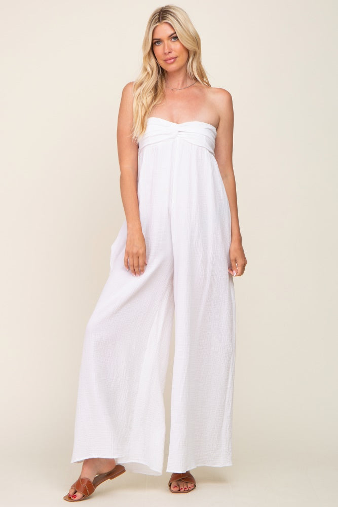 White Strapless Front Twist Jumpsuit