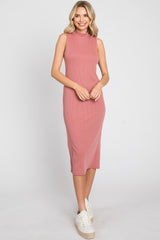 Mauve Ribbed Sleeveless Mock Neck Maternity Midi Dress