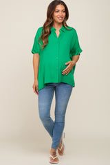 Green Button Up Dolman Short Sleeve Maternity Top