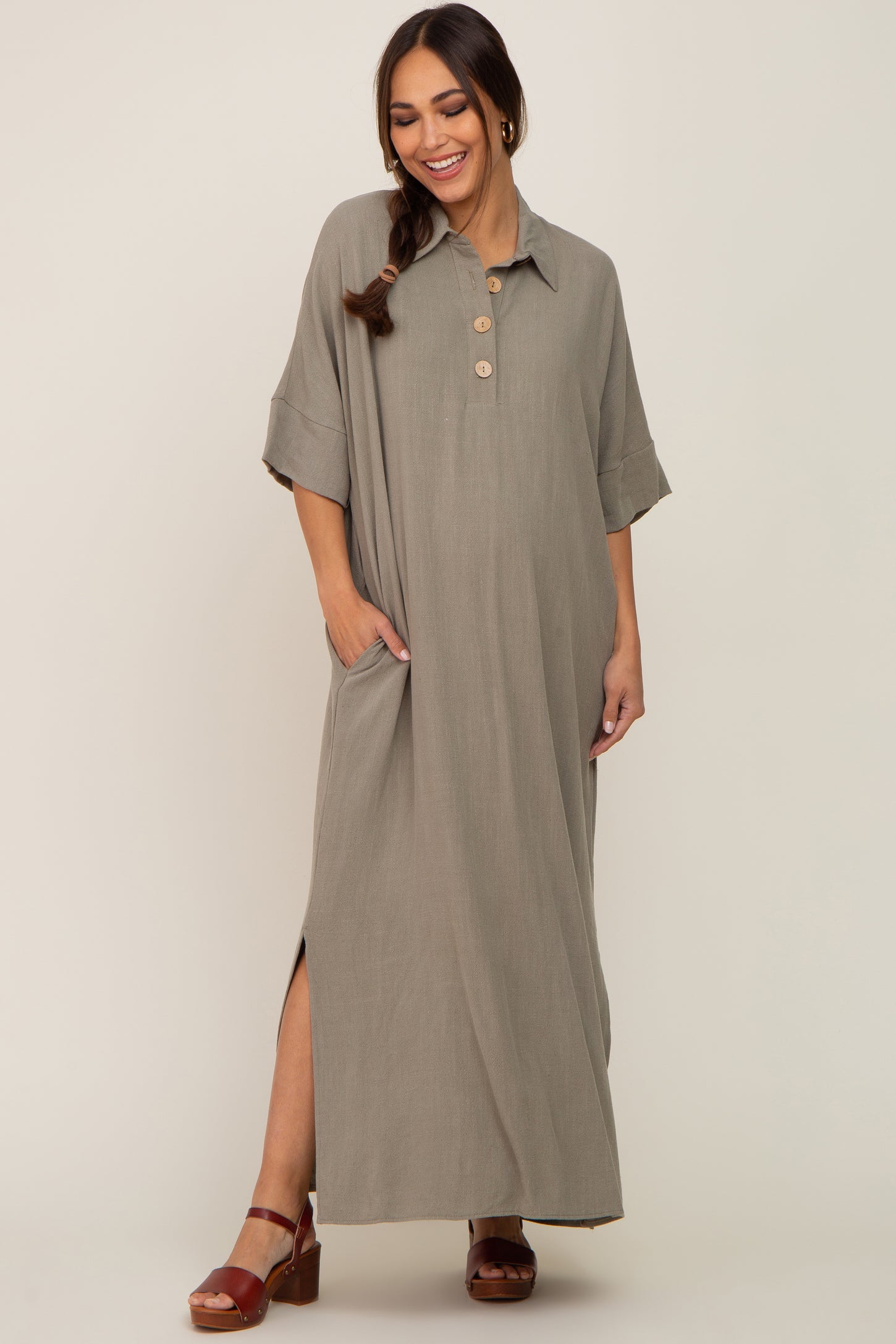 Olive Collared Linen Maternity Maxi Dress