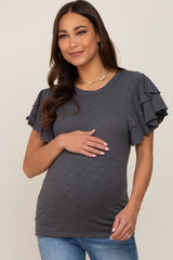 Charcoal Ruffle Sleeve Maternity Top