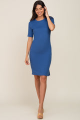 Blue Ribbed Basic Short Sleeve Dress