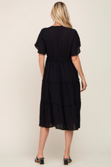 Black Ruffle Tiered V-Neck Midi Dress