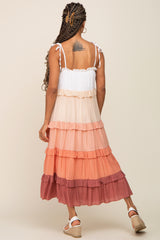 Peach Ombre Ruffle Tiered Shoulder Tie Midi Dress