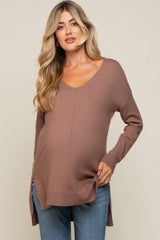Mocha Oversized Knit Side Slit Maternity Top