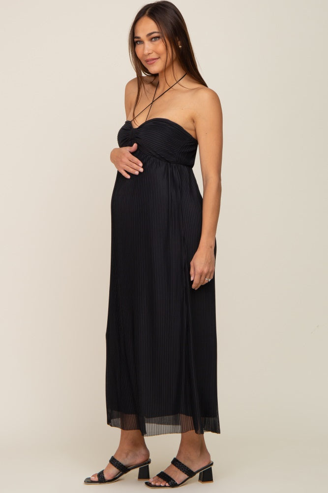 Black Pleated Cross Front Halter Maternity Midi Dress