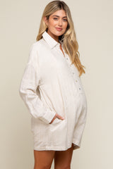 Beige Button Front Long Sleeve Linen Maternity Romper