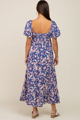 Blue Floral Puff Sleeve Maternity Midi Dress