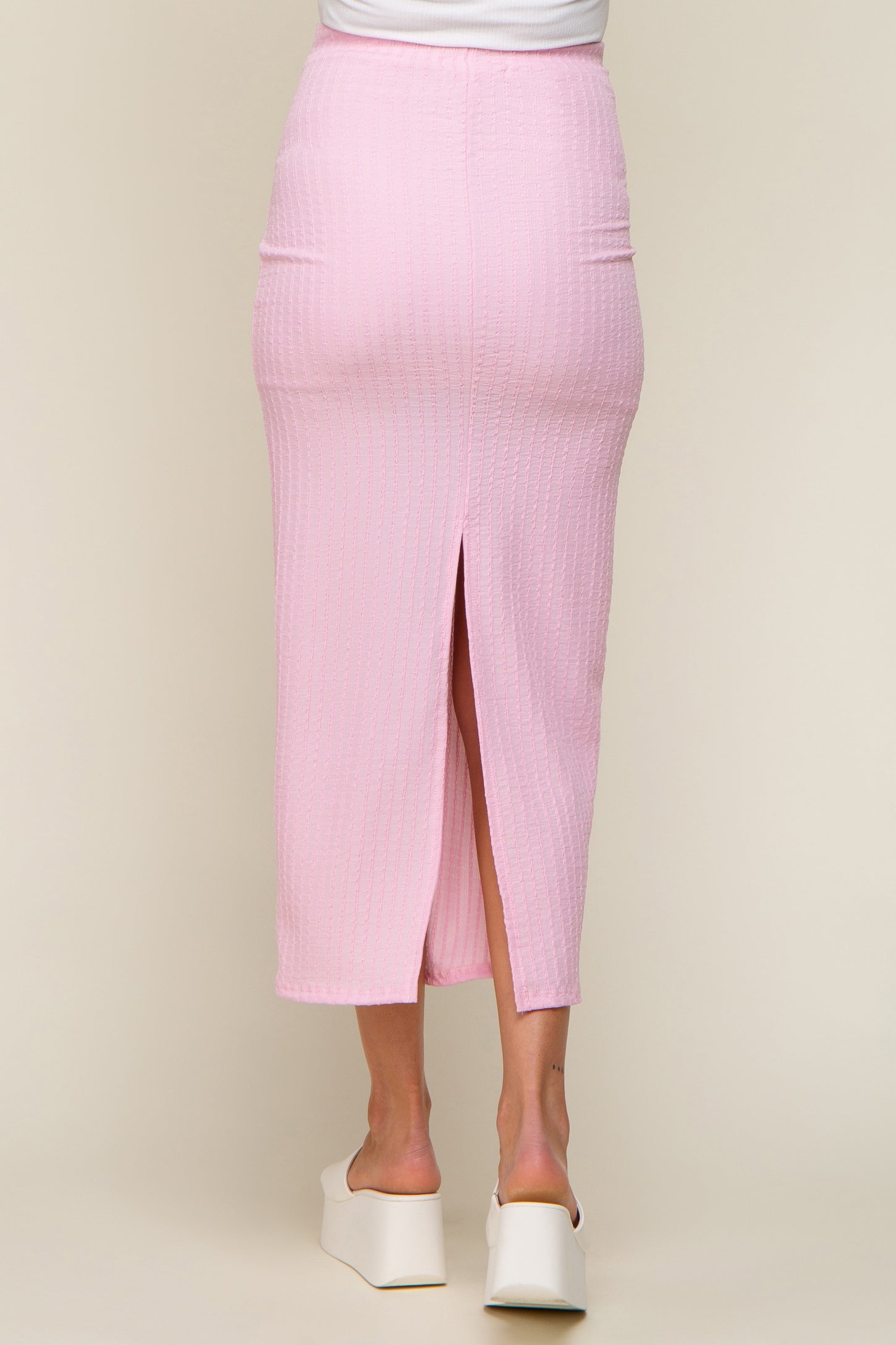 Light Pink Textured Slit Maternity Midi Skirt