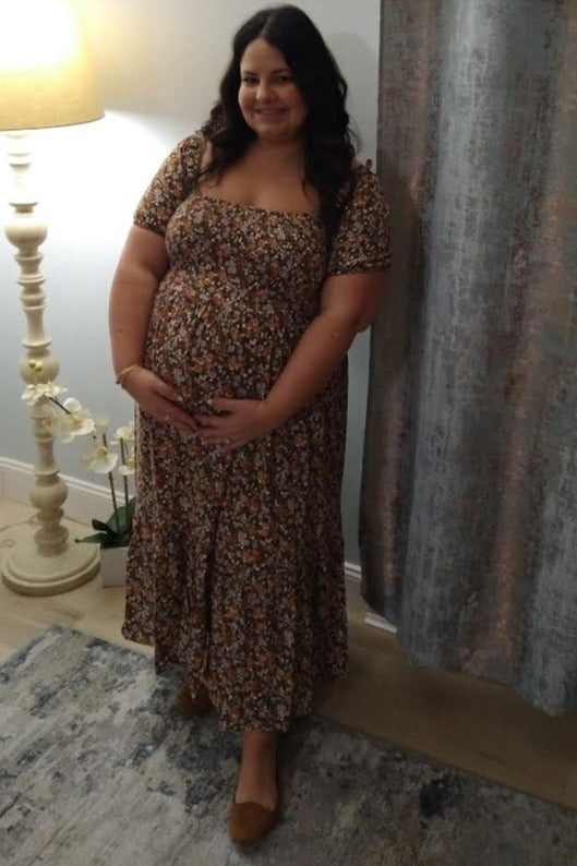 Mocha Floral Smocked Puff Sleeve Maternity Midi Dress