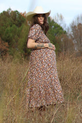 Mocha Floral Smocked Puff Sleeve Maternity Midi Dress
