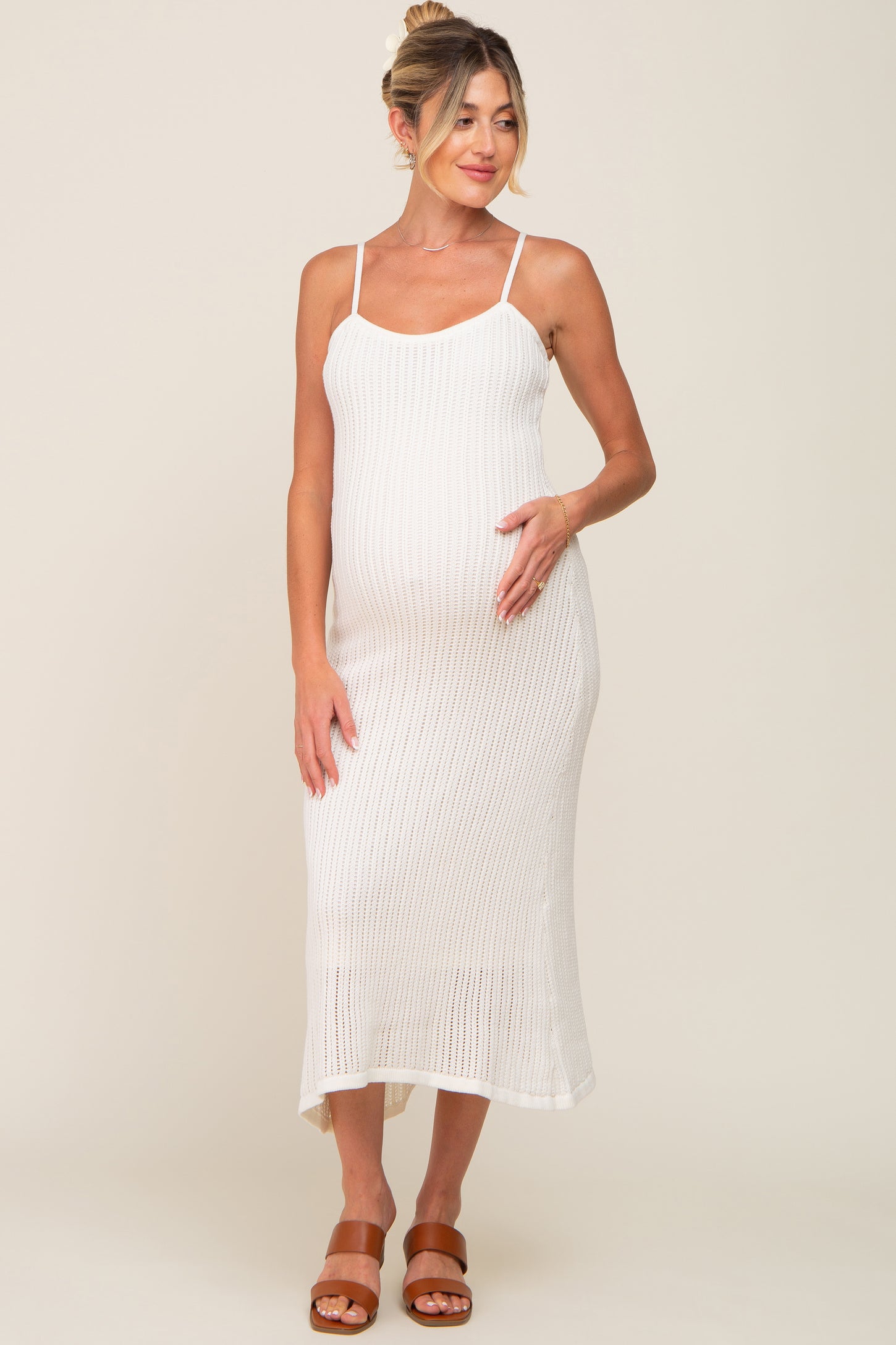 White Open Knit Crochet Maternity Midi Dress