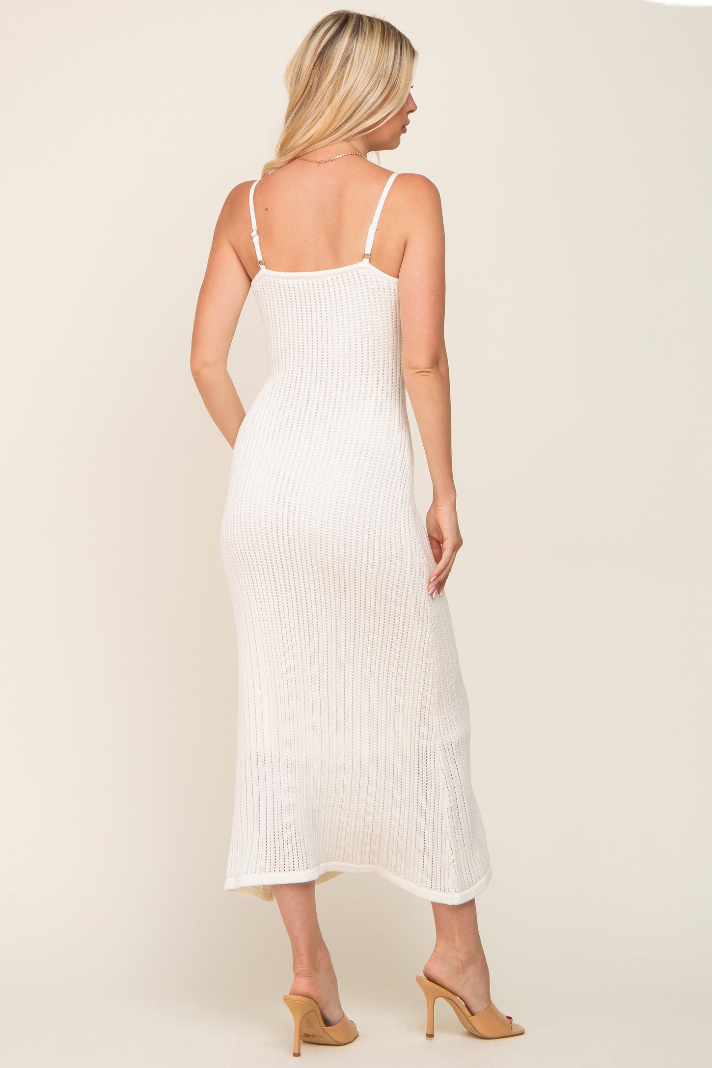 White Open Knit Crochet Midi Dress