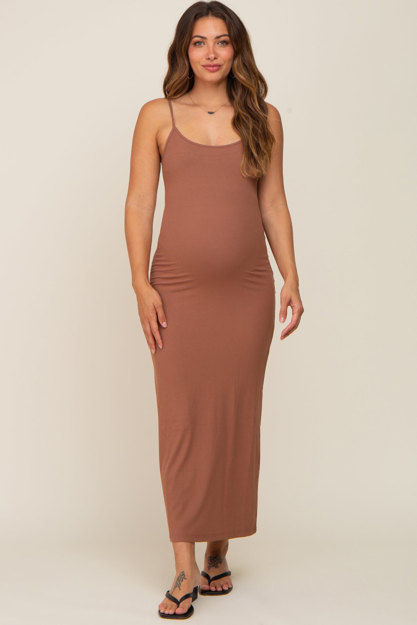 Brown Ribbed Basic Maternity Midi Dress