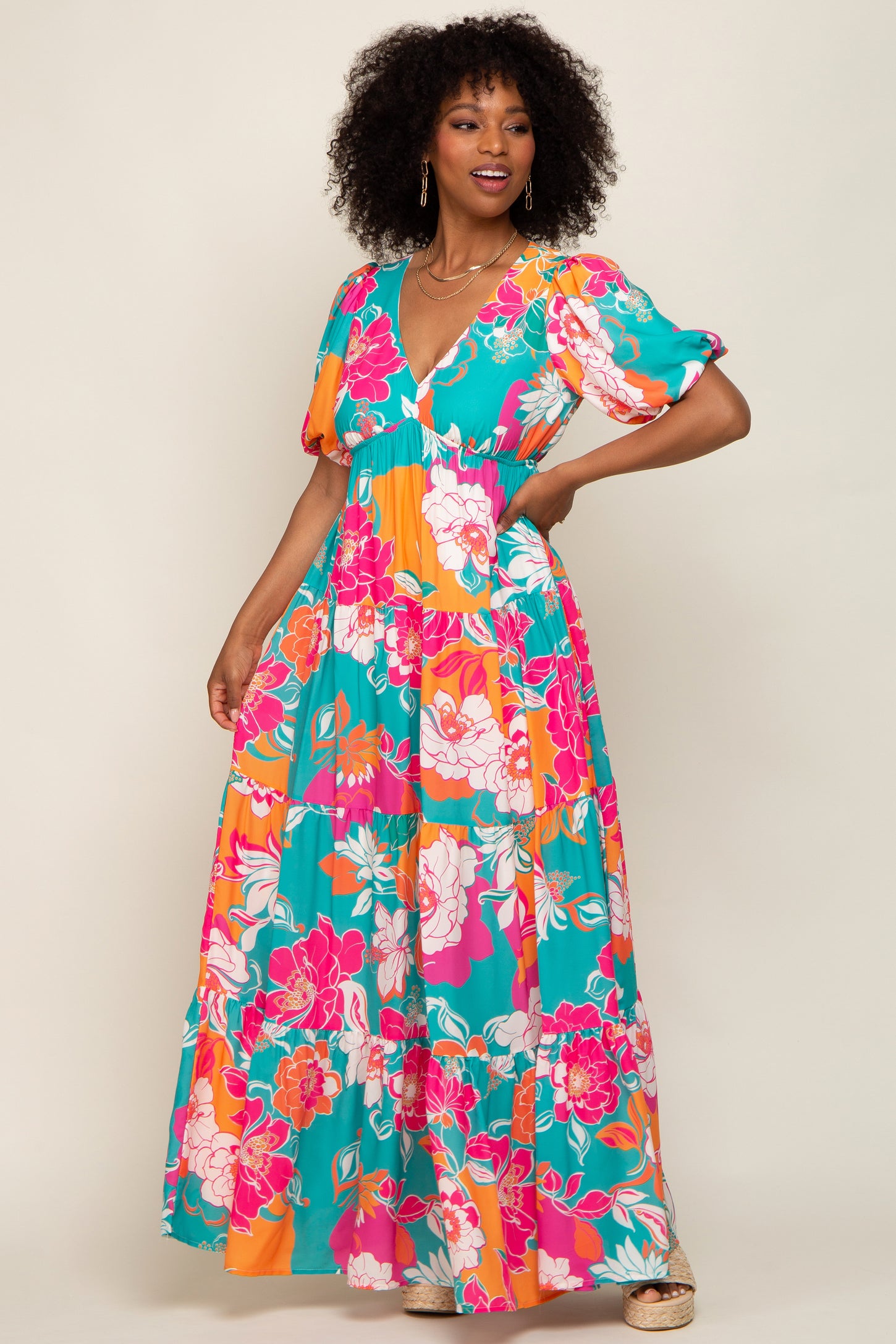 Teal Floral Puff Sleeve Tiered Maxi Dress