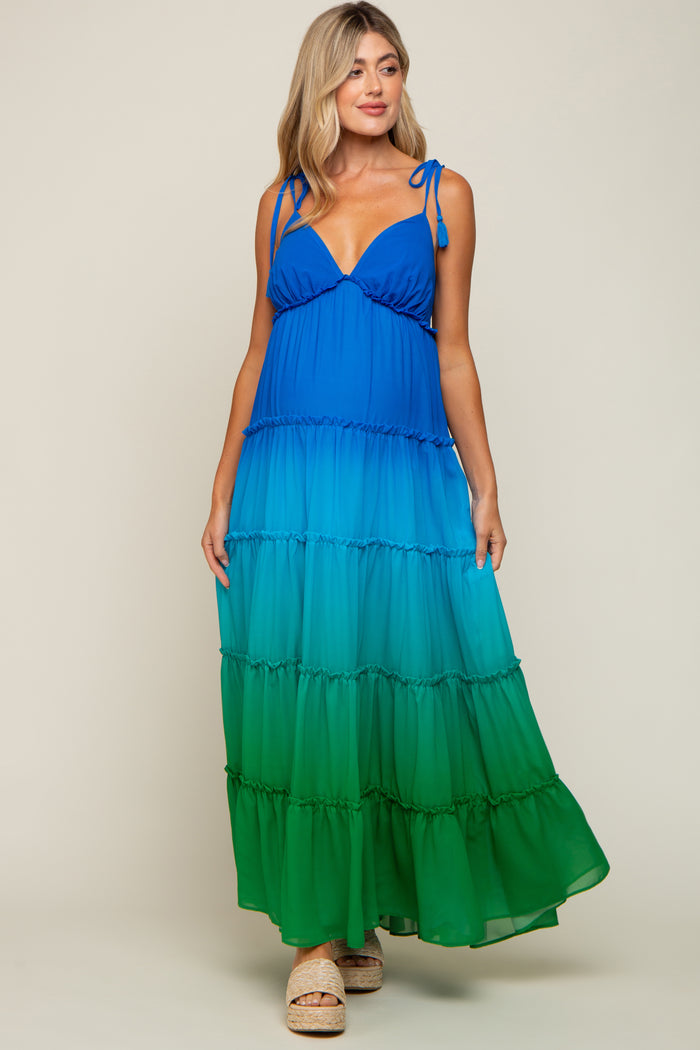 Blue Ombre Chiffon Shoulder Tie Tiered Maternity Maxi Dress