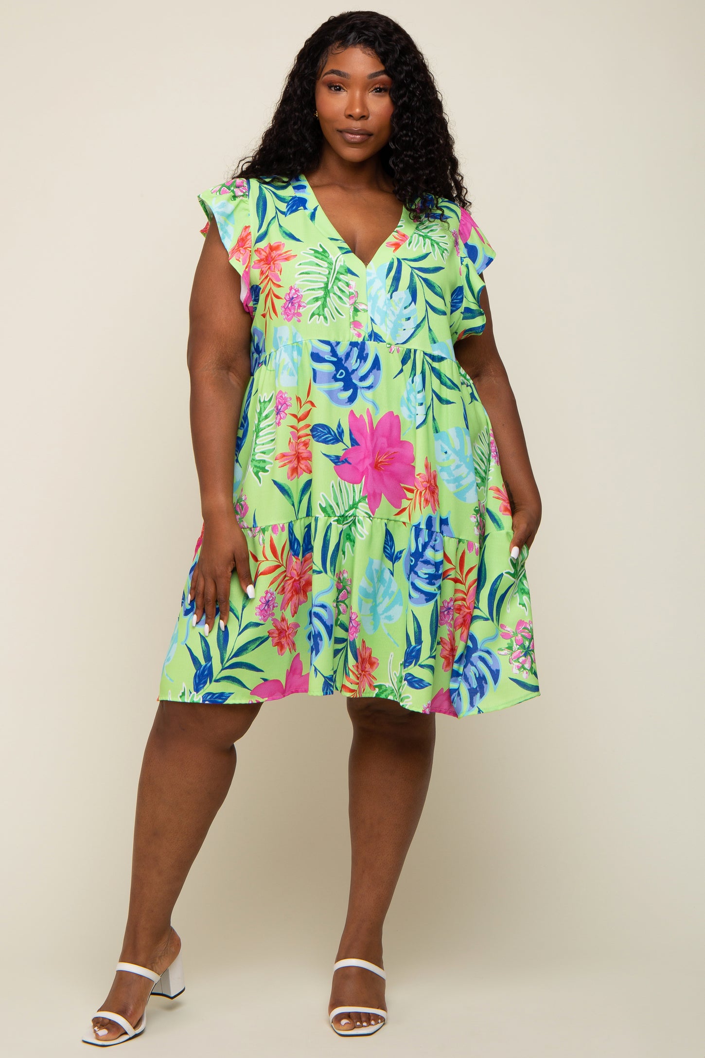 Mint Green Tropical Floral Print Plus Dress