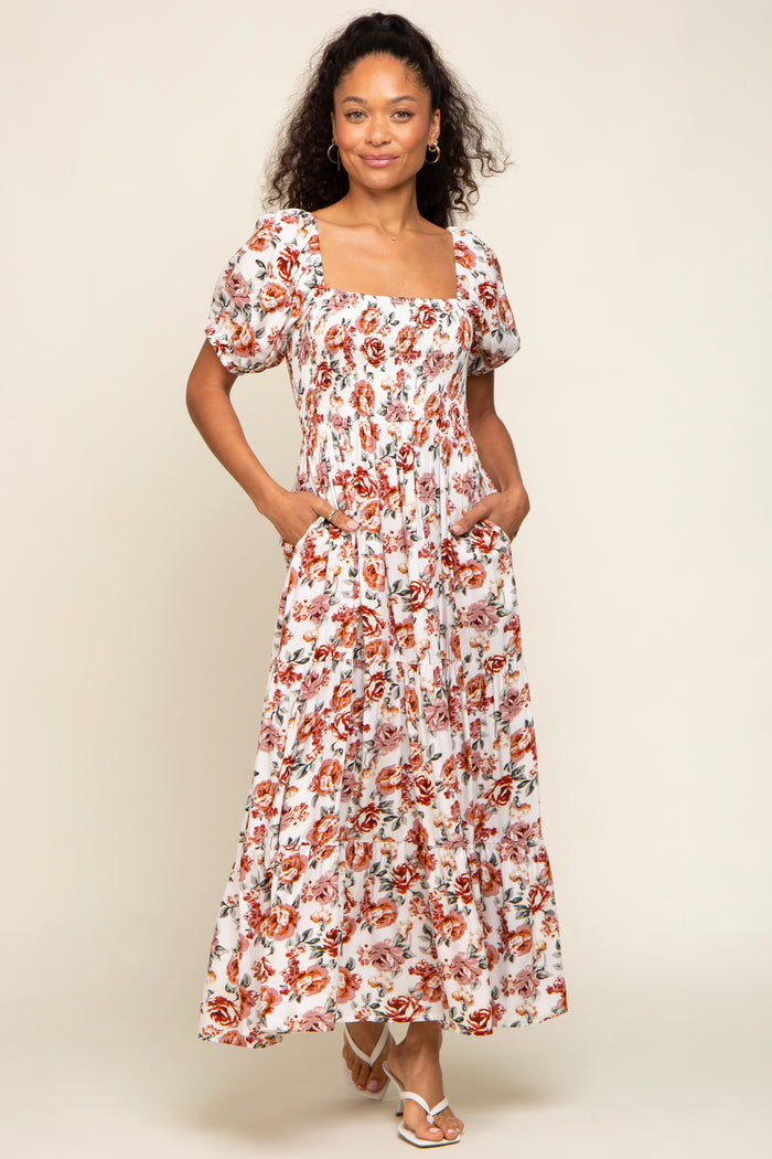 Cream Floral Smocked Square Neck Tiered Maternity Maxi Dress