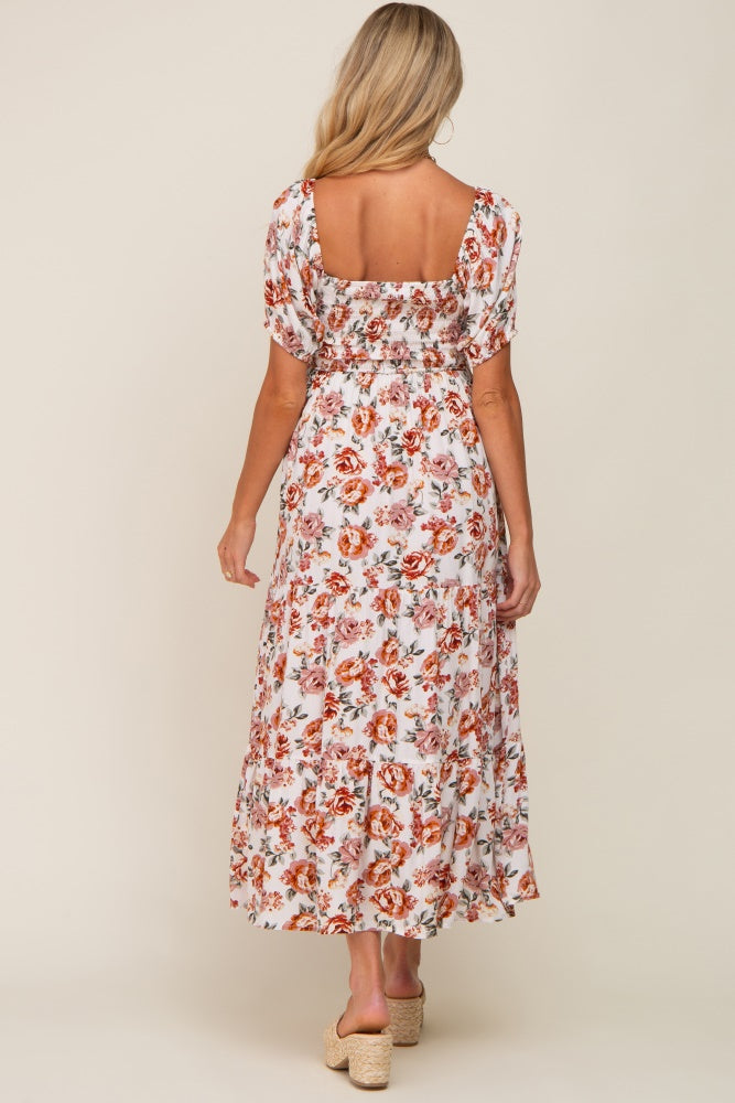 Cream Floral Smocked Square Neck Tiered Maternity Maxi Dress