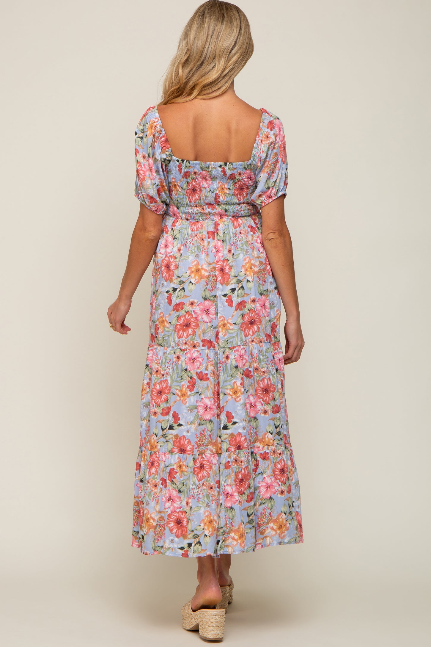 Blue Floral Smocked Square Neck Tiered Maternity Maxi Dress