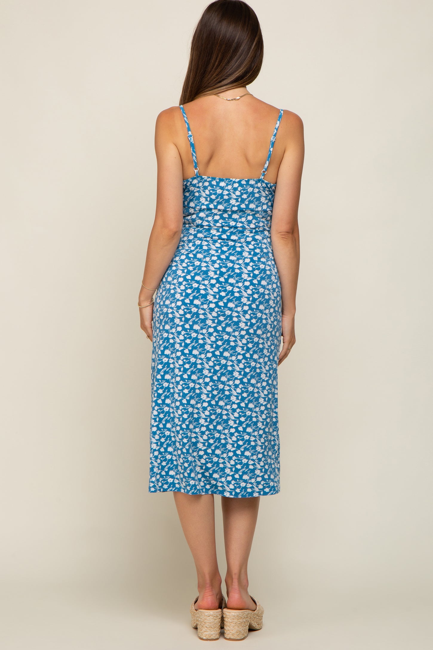 Blue Floral Front Tie Side Slit Maternity Midi Dress