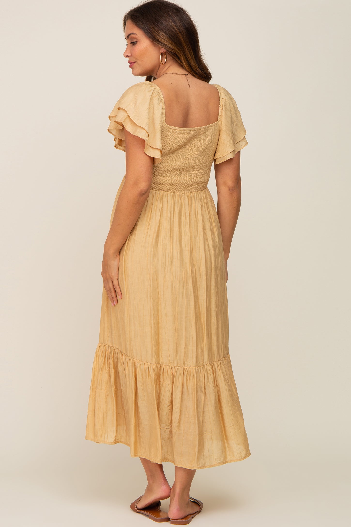 Yellow Flutter Sleeve Maternity Midi Dress